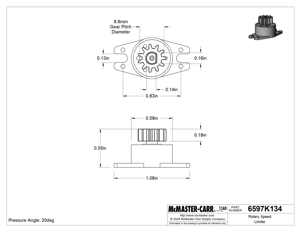Technical Drawing of Rotary Speed Limiter, Geared, 360 Degree Clockwise, 2.88 in.-oz. Torque.